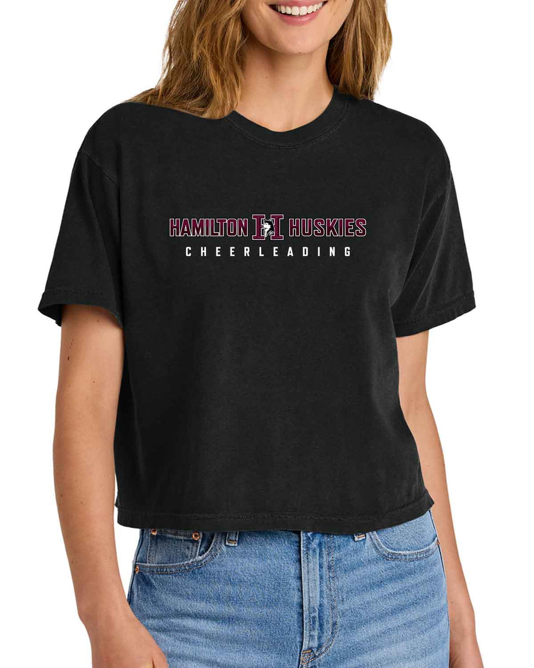 HHS Huskies Cheer | Women’s Heavyweight Boxy Tee (3023CL) Center Logo Design